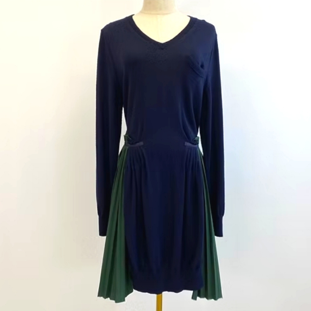 Sacai Wool Cotton Mix Media Pleated Dress From Japan